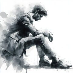 man sitting with his head bowed - watercolor design (artwork 1)
