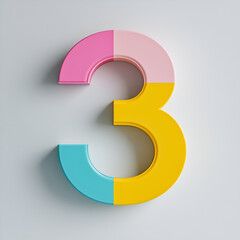 Fototapeta premium A vibrant, stylized number three in pastel colors, featuring pink, yellow, and blue segments against a light background.