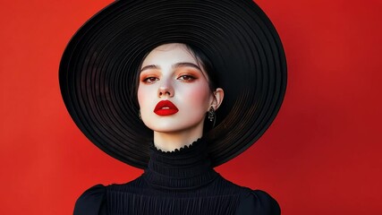 Refined fashion model posing in wide brimmed black hat, wearing bold red lipstick against vivid crimson backdrop, exuding contemporary chic with confident stance