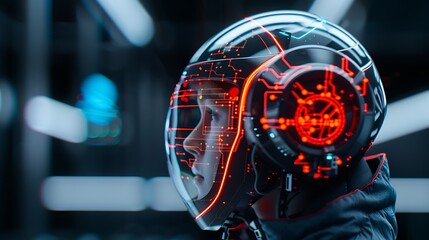 Child wearing futuristic helmet, tech lab background, innovation concept