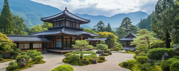 Fototapeta premium A tranquil zen temple nestled in the mountains, where monks meditate in serene gardens.