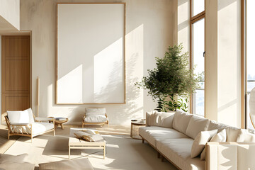 Living room interior with a minimalist design, bright and airy atmosphere, large windows allowing natural light, comfortable furniture. Generative Ai.