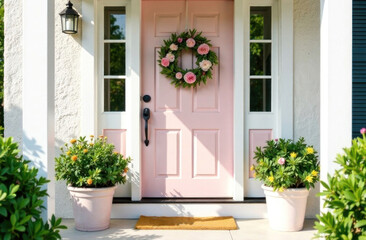 Charming pink door with a floral wreath, flanked by lush potted plants on a sunny day