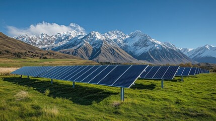 Scenic Landscape with Solar Panels and Snow-Capped Mountains