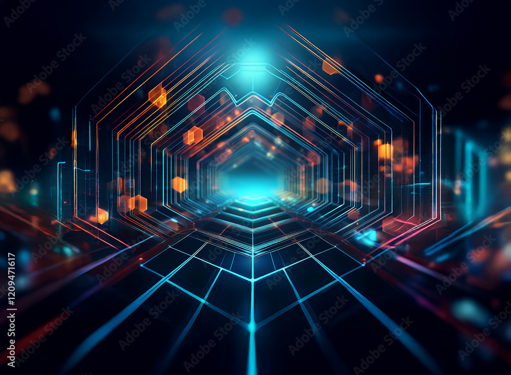Poster abstract digital tunnel, glowing hexagons and lines forming a futuristic pathway. vibrant blue, oran
