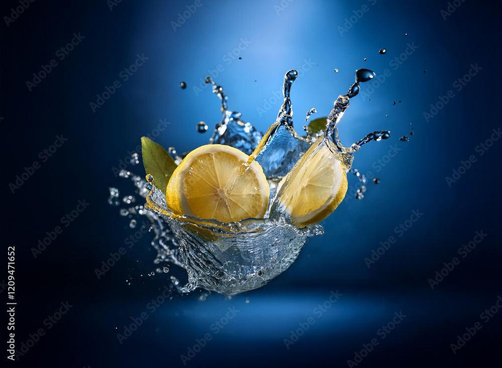 Fototapete a vibrant image of two lemon halves and leaves splashing into clear water against a deep blue backdr