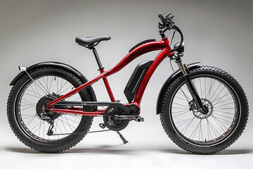 Fototapeta premium Modern Red Mid-Drive E-Bike with Battery-Powered Electric Engine: Innovative Transportation Solution for City Touring or Trekking, Isolated on White Background