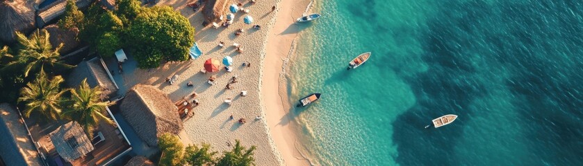 Aerial view of a serene beach with boats and sunbathers.