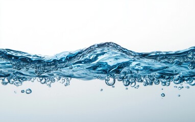 Floating blue water bubbles with detailed reflections and light refractions on a fresh white background