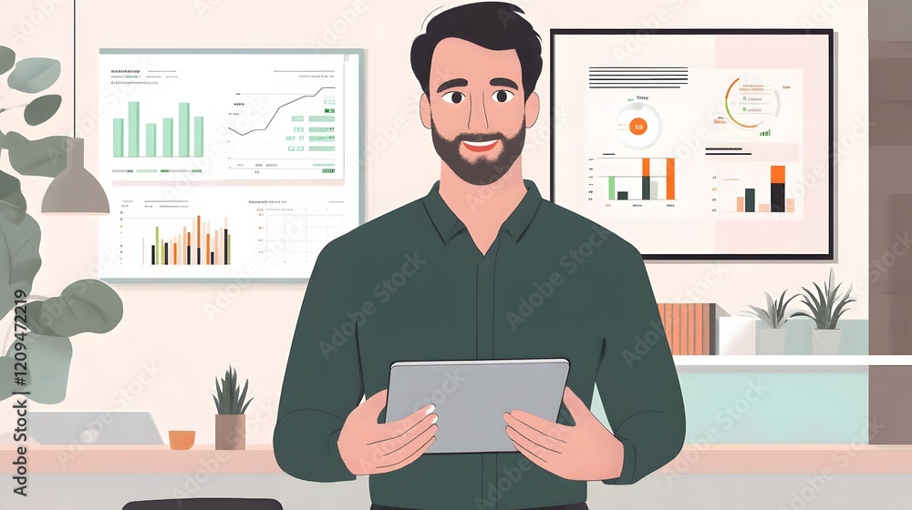 Poster man smiling holds tablet showing business data graphs