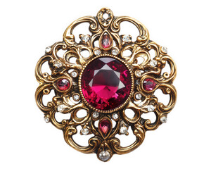 vintage brooch featuring large red gemstone surrounded by intricate gold filigree and smaller gemstones, perfect for adding elegance to any outfit