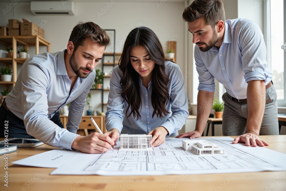 Poster collaborative teamwork in a modern office: architects discussing project blueprints and designs with