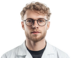 Professional male technician in lab coat with glasses, showcasing expertise and confidence. Ideal for medical or scientific themes
