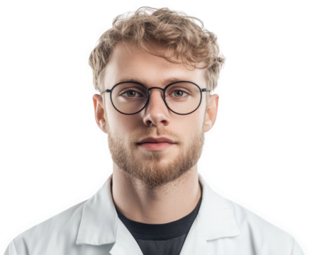 Professional male technician in lab coat with glasses, showcasing expertise and confidence. Ideal for medical or scientific themes