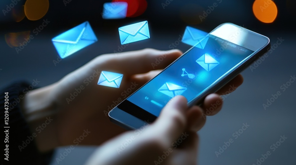 Poster close up of hands holding a smartphone with email notifications floating around it