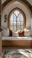 Sunlight Streams Through Arch Window onto Cozy Window Seat