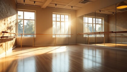 Sunlit Dance Studio Hardwood Floor Mirrors Barre