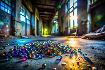 Obraz premium Abandoned Building Interior: Glass Beads Scattered on Dusty Floor, Urban Exploration Photography