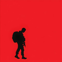 A minimalist design of a soldier with a backpack, symbolizing the weight of war. Soldier with backpack.


