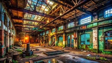 Abandoned Industrial Building Interior, Urban Exploration Photography, Decaying Structure, Grunge, Rust, Pipes, Dark, Mysterious