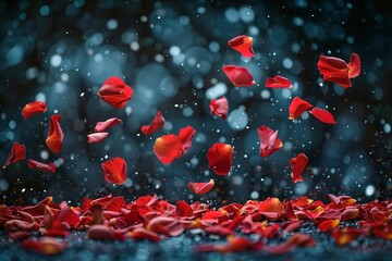 Red rose petals flying towards camera in super slow motion, captured at 1000 fps on black background.