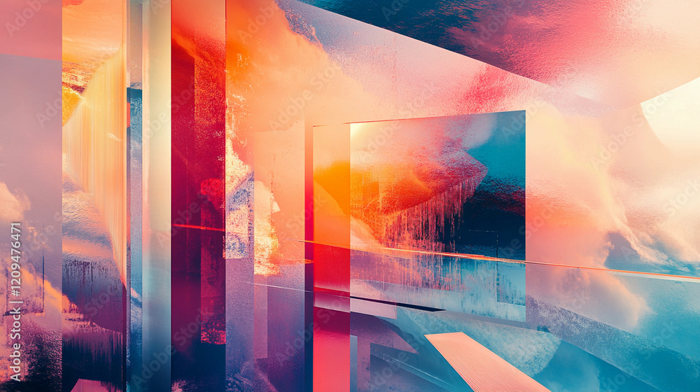 Poster dynamic interplay of colors and shapes in abstract digital design showcasing vibrant textures and pa