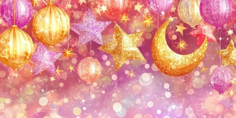 Colorful Festival Background with Lanterns, Stars, and Moon for Vibrant Celebrations and Seasonal Events