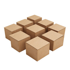 Nine cardboard boxes arranged symmetrically on colorful striped background