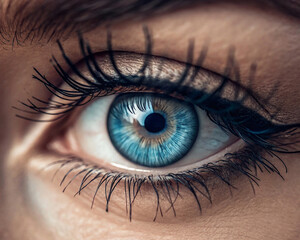 Fototapeta premium close up of a female eye, Opening and blinking female eye with a blue iris and long lashes painted with mascara. Gray eye close up of the iris and the pupil dilation and contracts. Eyeball, retina, ey