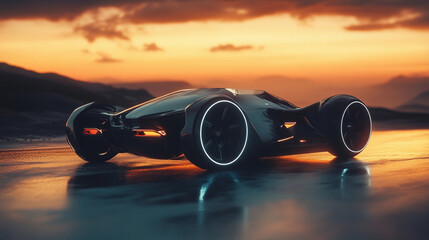 Futuristic racing car design in sunset landscape showcasing sleek lines and illuminated wheels in urban environment setting. Generative AI