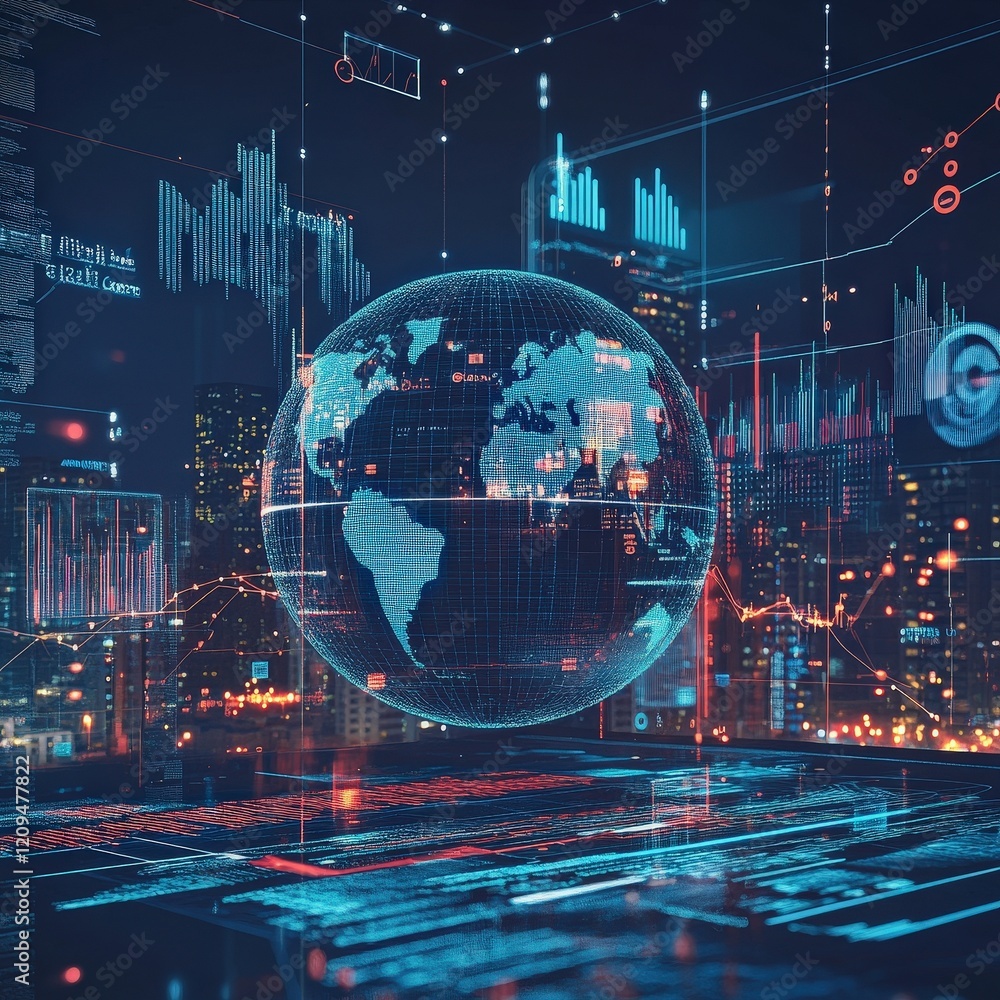 Poster futuristic digital globe with data visualization in a high-tech cityscape: a vision of global connec
