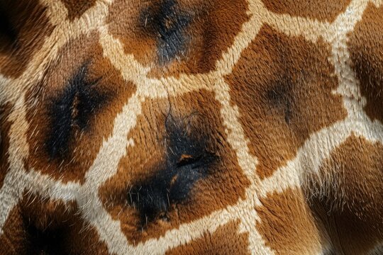 Detailed view of giraffe fur, highlighting the distinct markings and texture of its coat