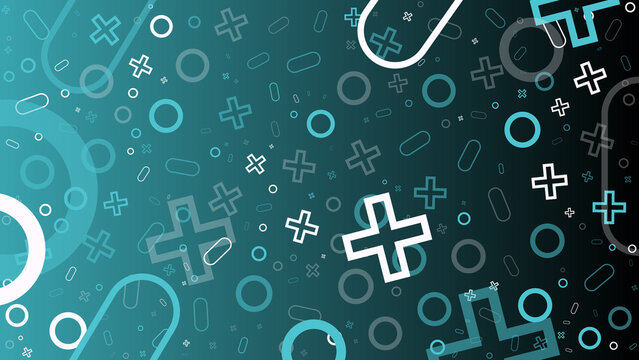 A blue background with a lot of circles and squares, including a few crosses