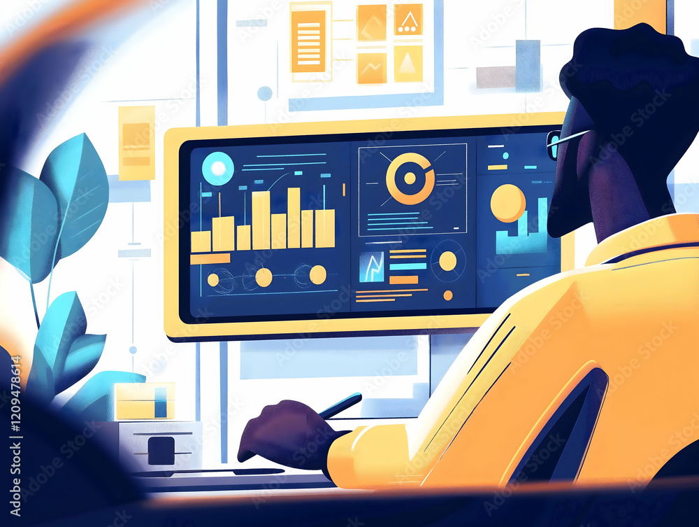 Poster a person analyzes data on a computer screen, surrounded by vibrant visuals and graphs, in a modern w