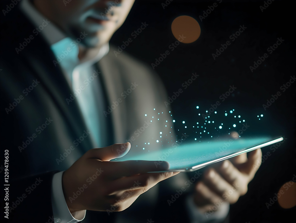 Aufkleber a man in a suit interacts with a glowing tablet displaying sparkling particles, creating a futuristi