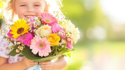Fototapeta premium A Bouquet of Joy: A young girl with sparkling eyes beams with delight, holding a colorful bouquet of vibrant flowers in a tender embrace. The sun-kissed background adds to the heartwarming scene.