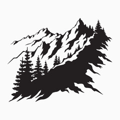 Obraz premium Mountain and pine trees silhouette vector line art black and white design