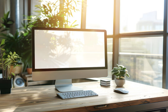 Modern computer with a blank screen resting on a sleek office desk, accompanied by a minimalist keyboard and mouse, soft natural lighting. Generative Ai.