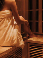 Close up of woman sitting on bench in infrared sauna, space for text. Spa treatment. Relaxing in sauna during wellness weekend. Soft focus, blurred