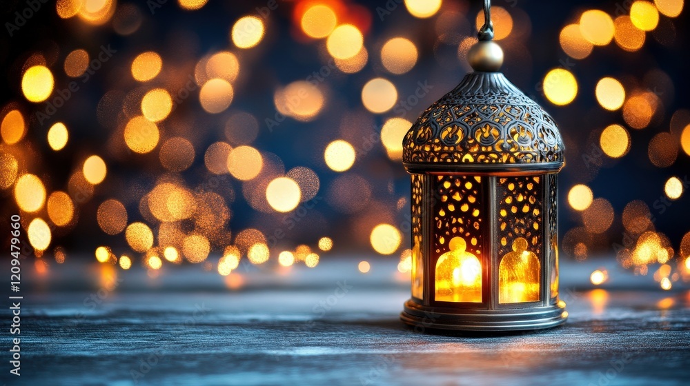 Poster elegant decorative lantern illuminated with warm light against a sparkling bokeh background - perfec