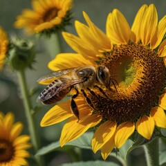 A honeybee resting on a brightly colored sunflower.