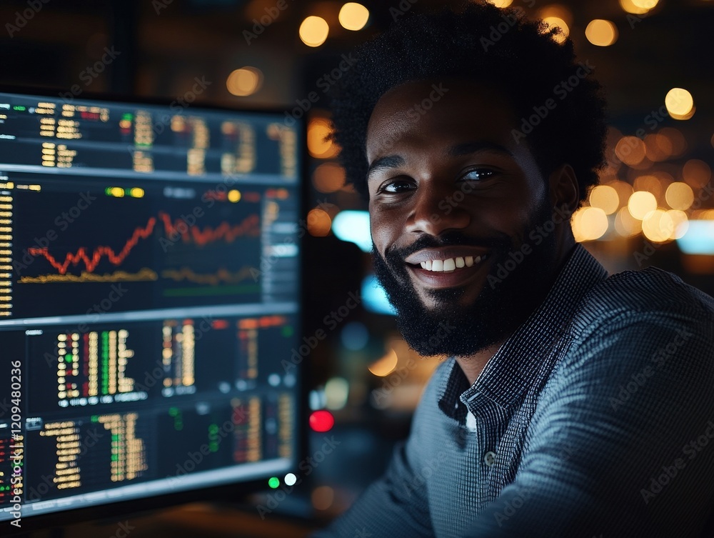 Poster smiling black male trader in modern office analyzing stock market data on computer screens with beau