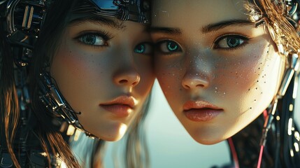 Obraz premium Cyberpunk Twins: A Digital Portrait of Futuristic Beauty