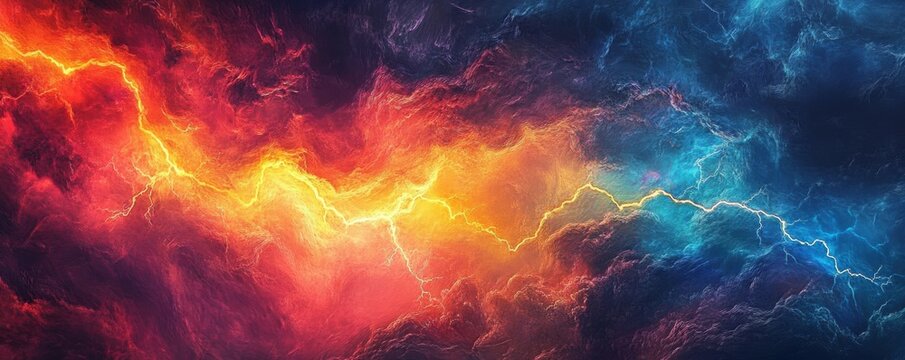A vibrant abstract painting capturing the essence of a raging storm, with lightning bolts flashing and thunder rumbling.