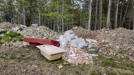 Abandoned bathtub and construction debris in a forest highlight issues of illegal dumping and...