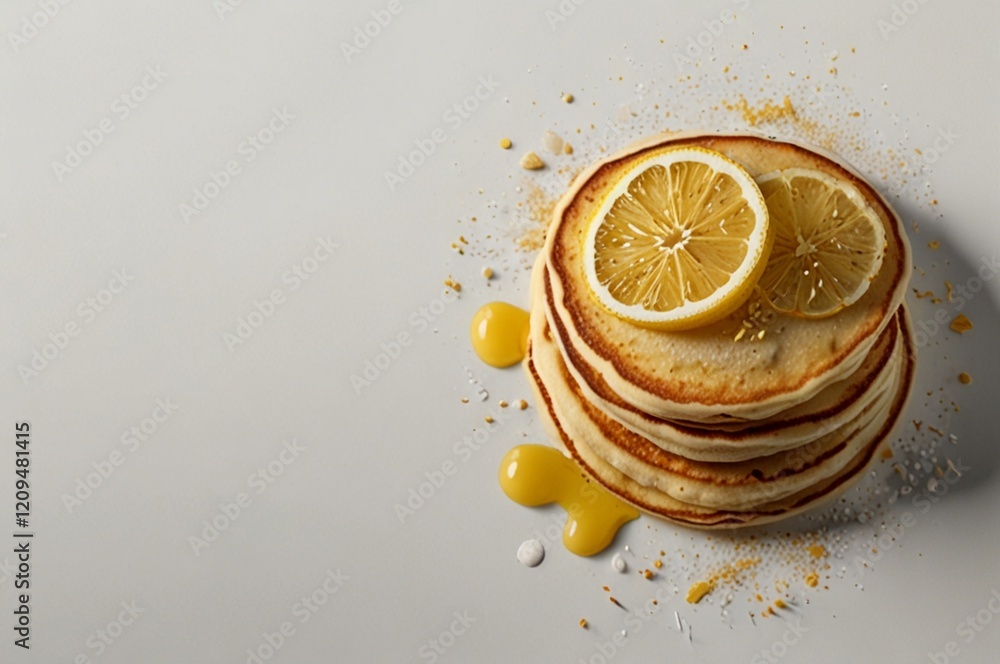 Poster a stack of golden pancakes adorned with lemon slices and drizzled with a tangy glaze resting on a li