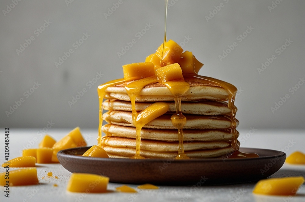 Poster a stack of golden pancakes drizzled with syrup and topped with fresh mango chunks sits on a wooden p