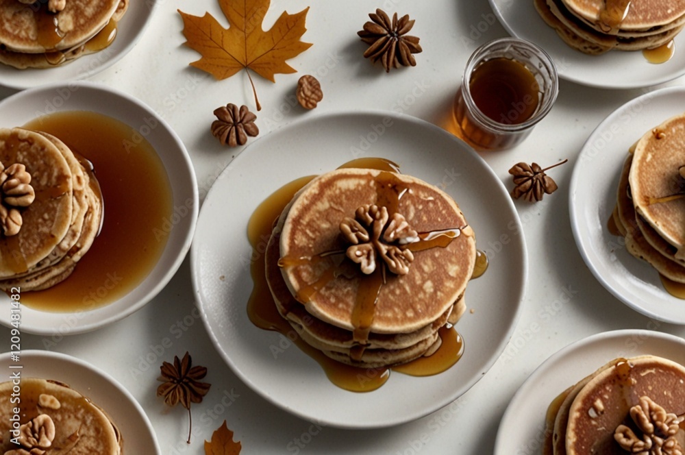 Poster a flatlay of a table set with a variety of maple walnut pancakes drizzled with syrup and topped with