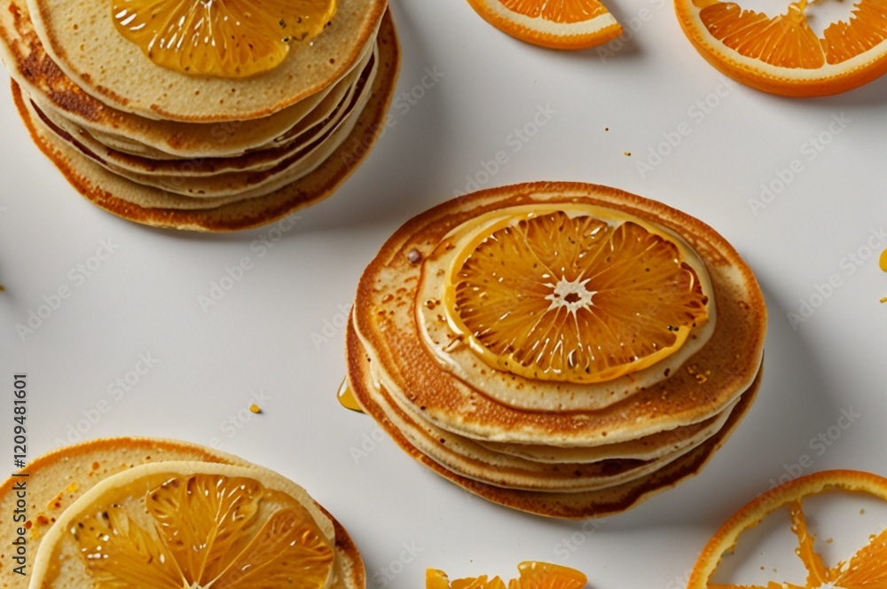 Poster a stack of golden pancakes topped with a glistening orange slice and drizzled with syrup surrounded 