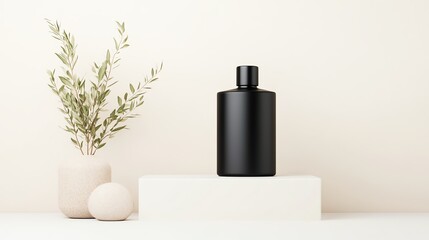 Minimalist black bottle on white pedestal with decorative plant and vase, embodying modern elegance and simplicity in design.